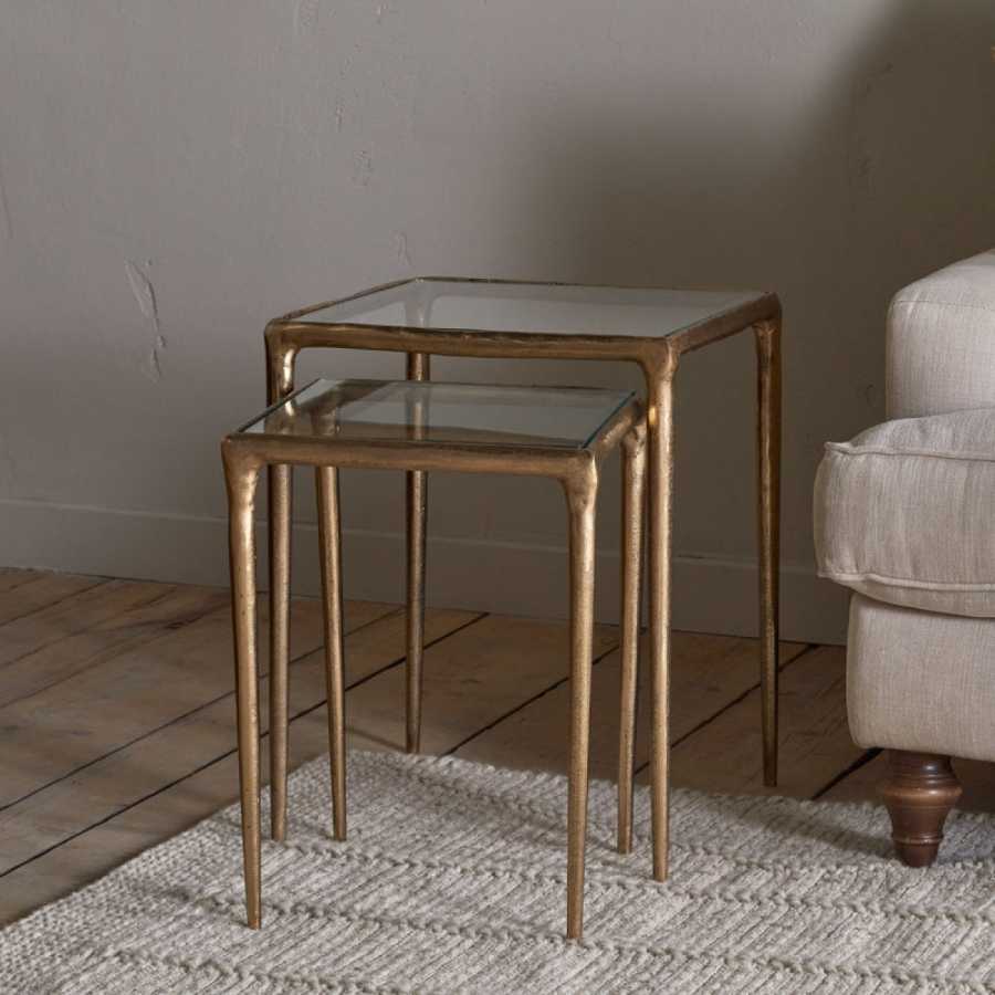 Nkuku Gilasi Cast Metal & Glass Nesting Side Tables - Antique Brass (Set of 2)