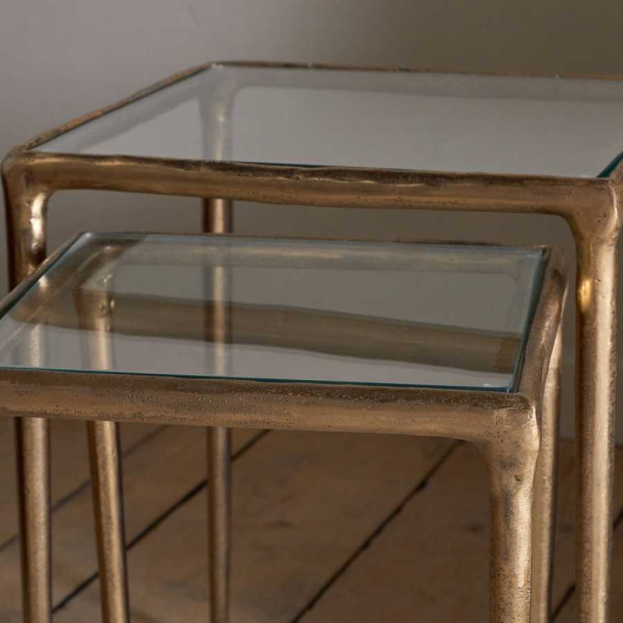 Nkuku Gilasi Cast Metal & Glass Nesting Side Tables - Antique Brass (Set of 2)