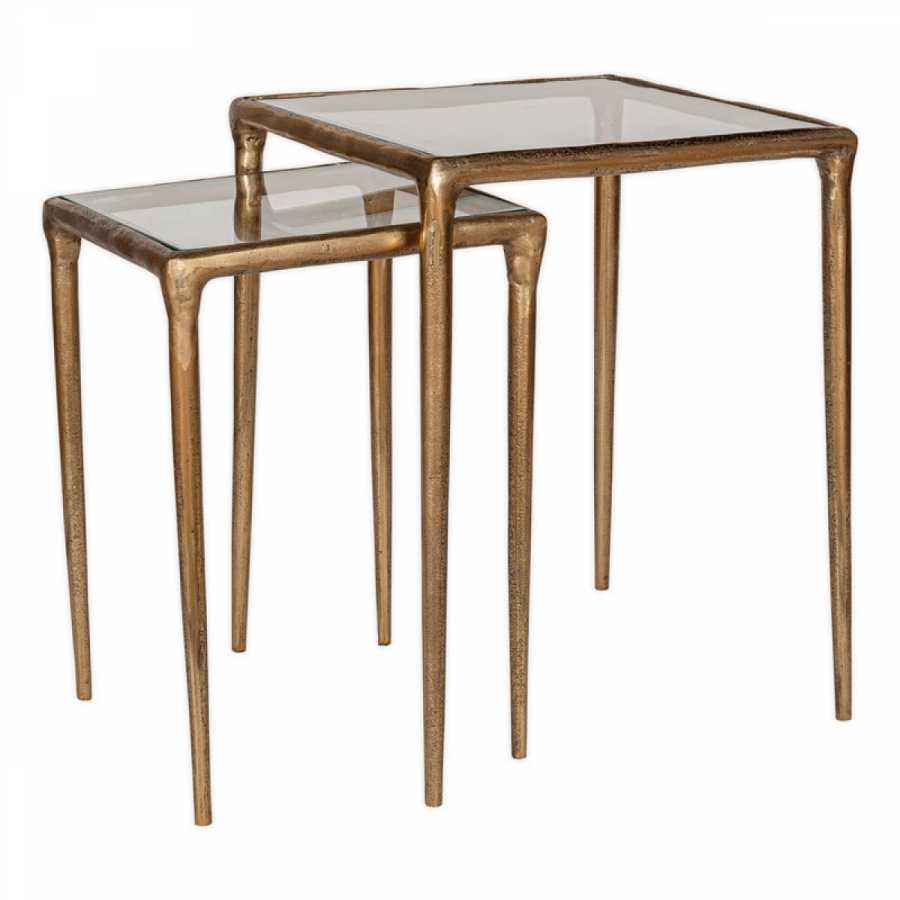 Nkuku Gilasi Cast Metal & Glass Nesting Side Tables - Antique Brass (Set of 2)