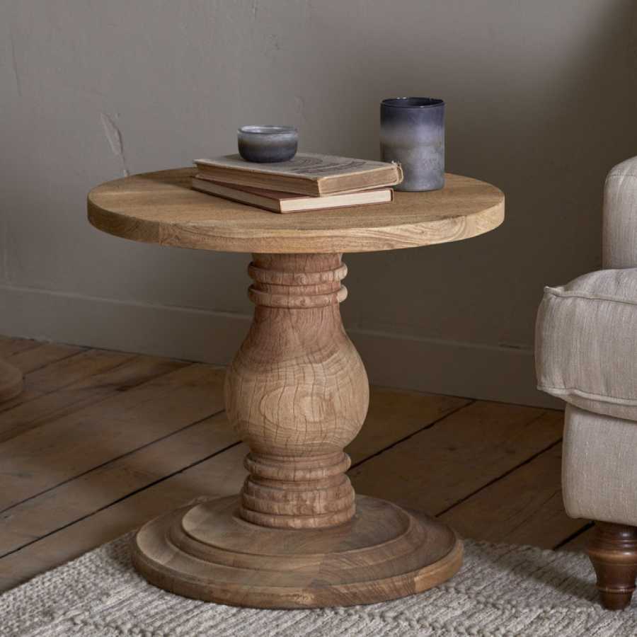 Nkuku Laya Round Carved Side Table - Natural Lifestyle 
