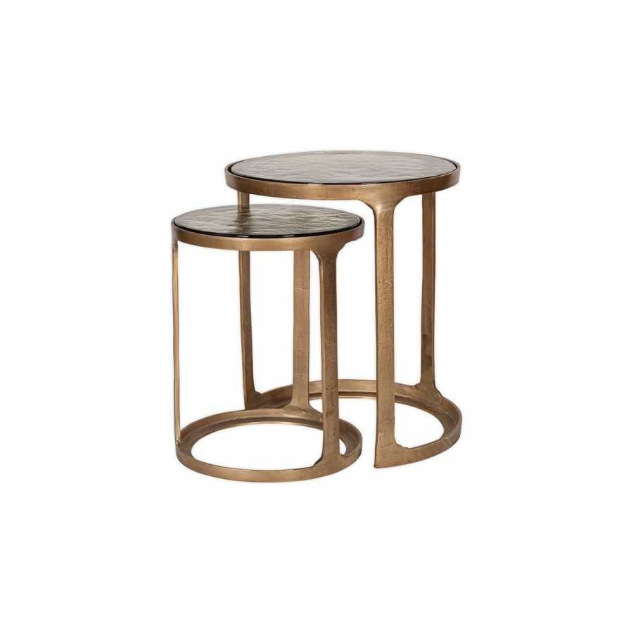 Nkuku Khidki Cast Metal & Glass Nesting Side Tables - Antique Brass (Set of 2)