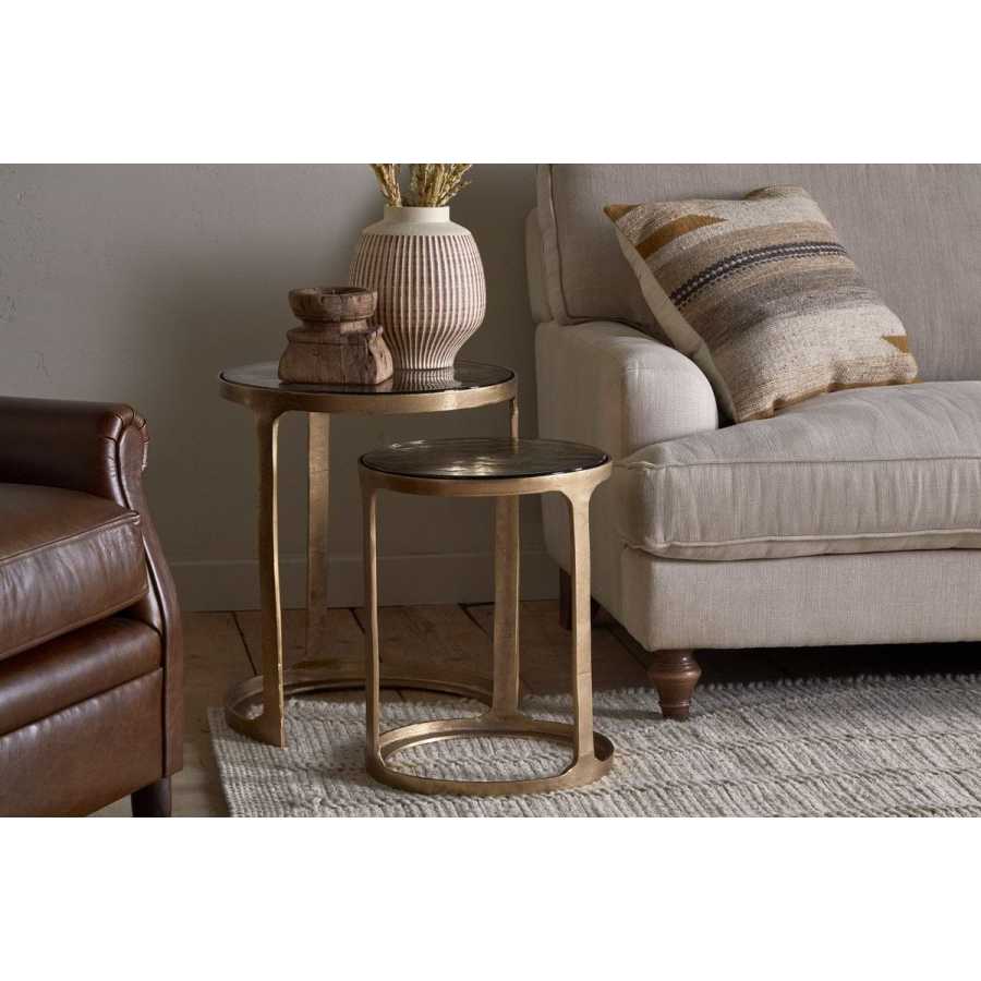 Nkuku Khidki Cast Metal & Glass Nesting Side Tables - Antique Brass (Set of 2)