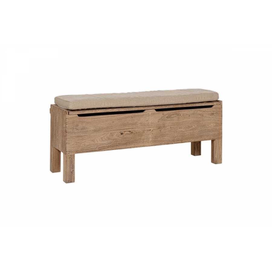 Nkuku Teni Reclaimed Wood Storage Bench with Upholstered Linen Cushion - Natural