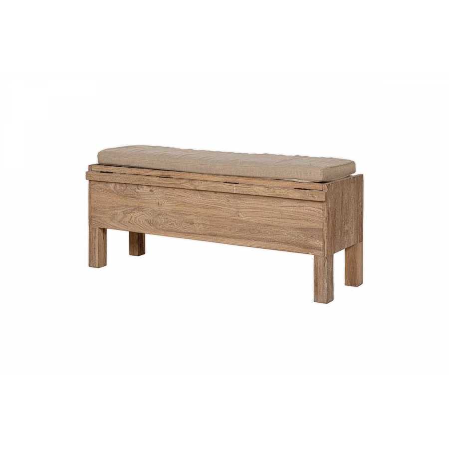 Nkuku Teni Reclaimed Wood Storage Bench with Upholstered Linen Cushion - Natural