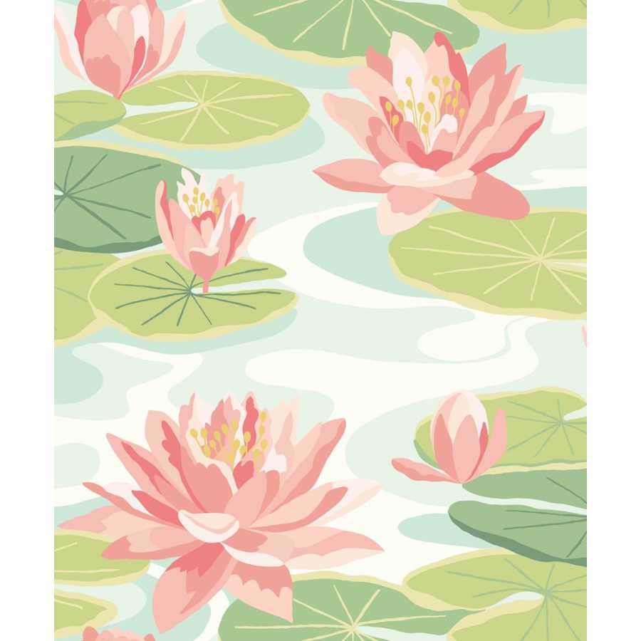 Ohpopsi Ichika Waterlily IKA50102W Wallpaper - Duck Egg & Coral