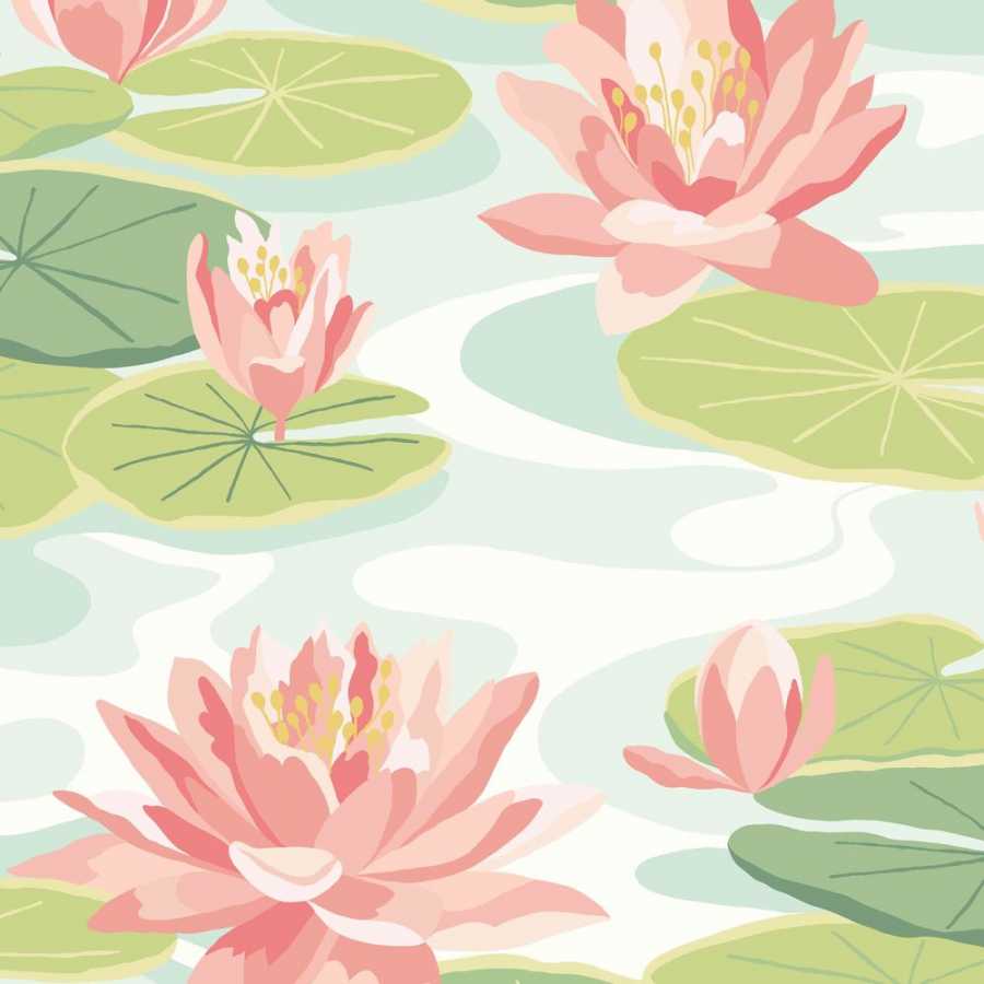 Ohpopsi Ichika Waterlily IKA50102W Wallpaper - Duck Egg & Coral