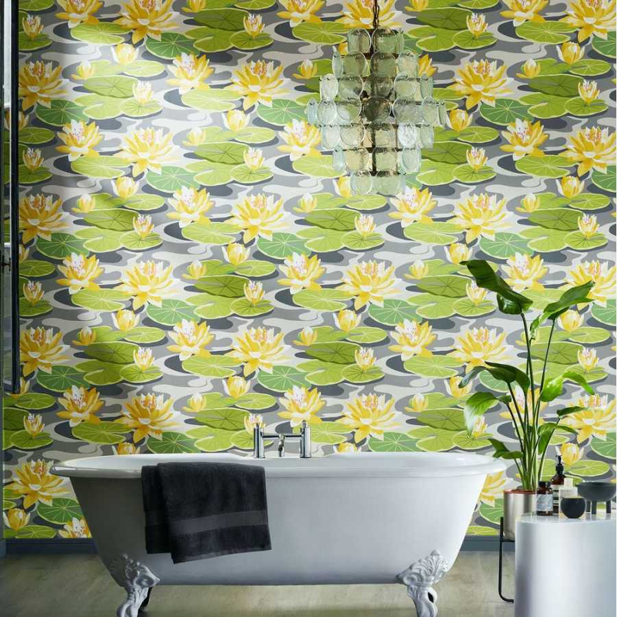 Ohpopsi Ichika Waterlily IKA50105W Wallpaper - Charcoal & Mustard