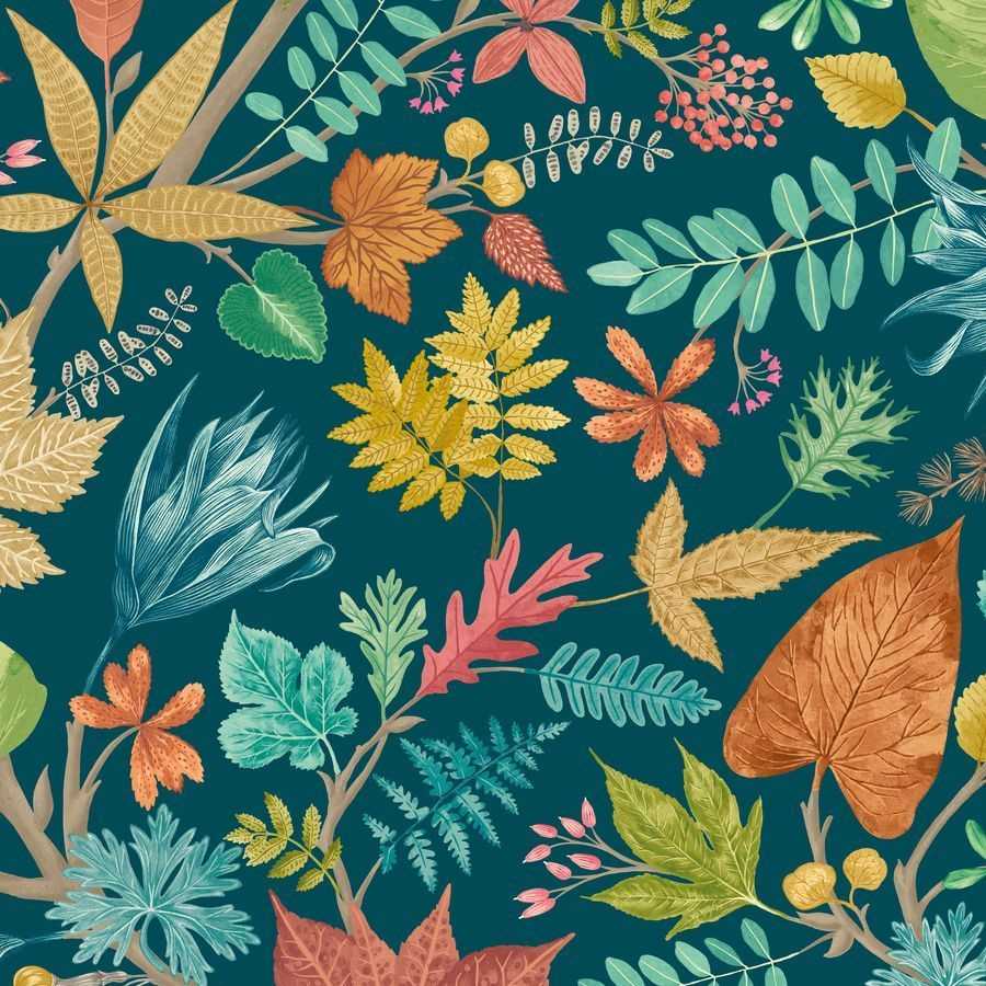 Ohpopsi Riches of Nature Lush Leaves RON50120W Wallpaper - Teal & Corn