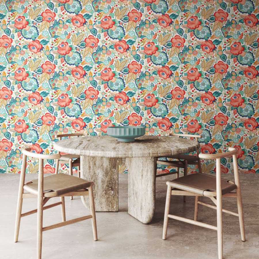 Ohpopsi Riches of Nature Emily Rose RON50129W Wallpaper - Petrol & Coral