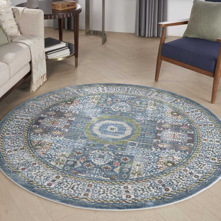 Nourison Ankara Global ANR17 Round Rug - Ivory & Light Blue