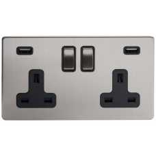 Soho Lighting Finsbury 2 Gang Double USB Socket - Brushed Chrome & Black