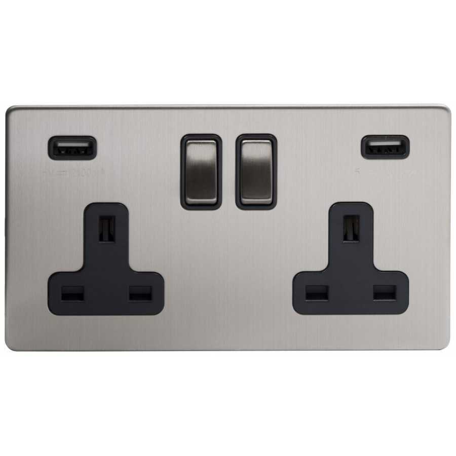 Soho Lighting Finsbury 2 Gang Double USB Socket - Brushed Chrome / Black