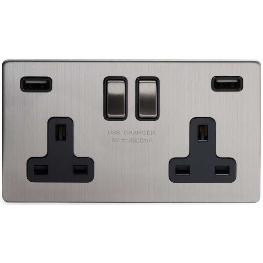 Soho Lighting Lombard 2 Gang DP Fast Charge USB Socket - Brushed Chrome / Black