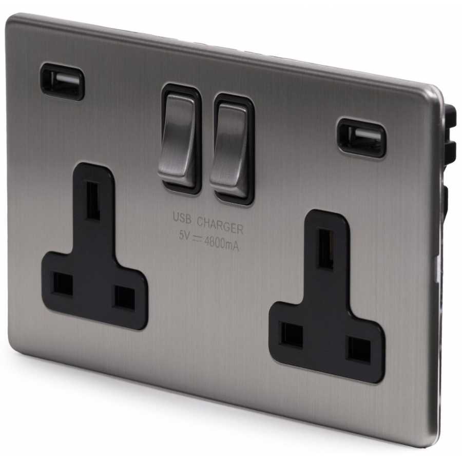 Soho Lighting Lombard 2 Gang DP Fast Charge USB Socket - Brushed Chrome / Black