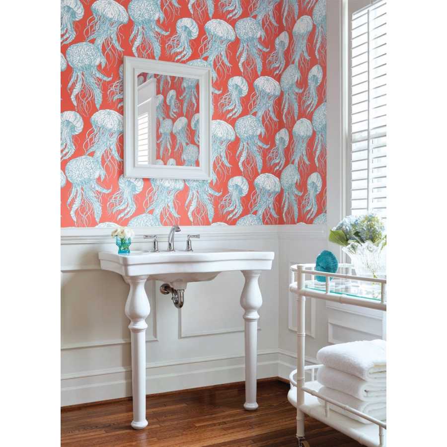 Thibaut Summer House Jelly Fish Bloom T13172 Coral and Turquoise Wallpaper