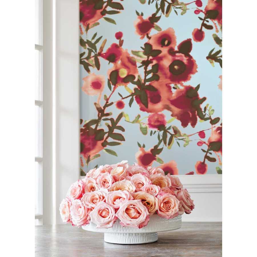 Thibaut Summer House Open Spaces T13086 Aqua and Coral Wallpaper